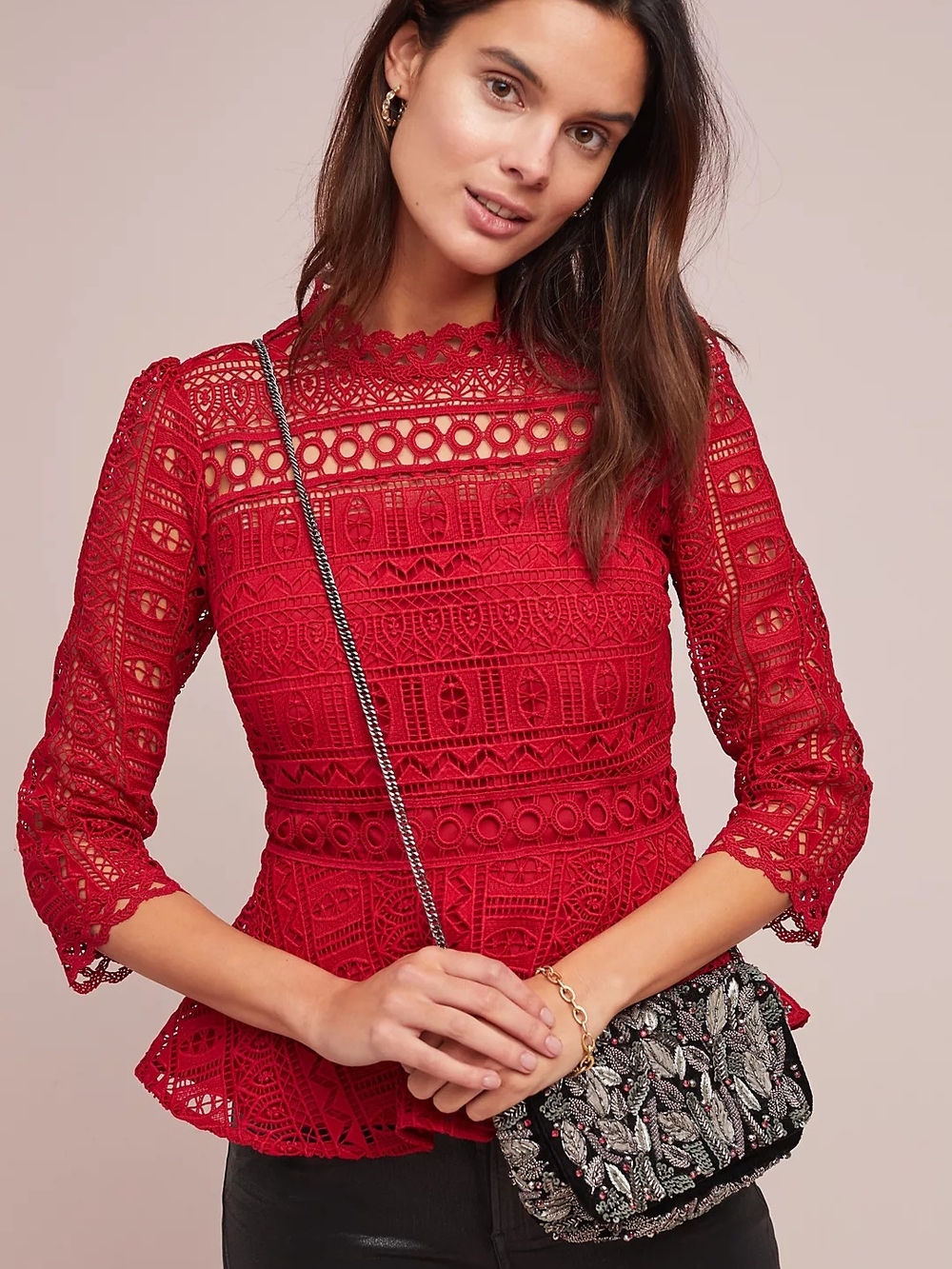 Anthropologie Red Lace Peplum Blouse